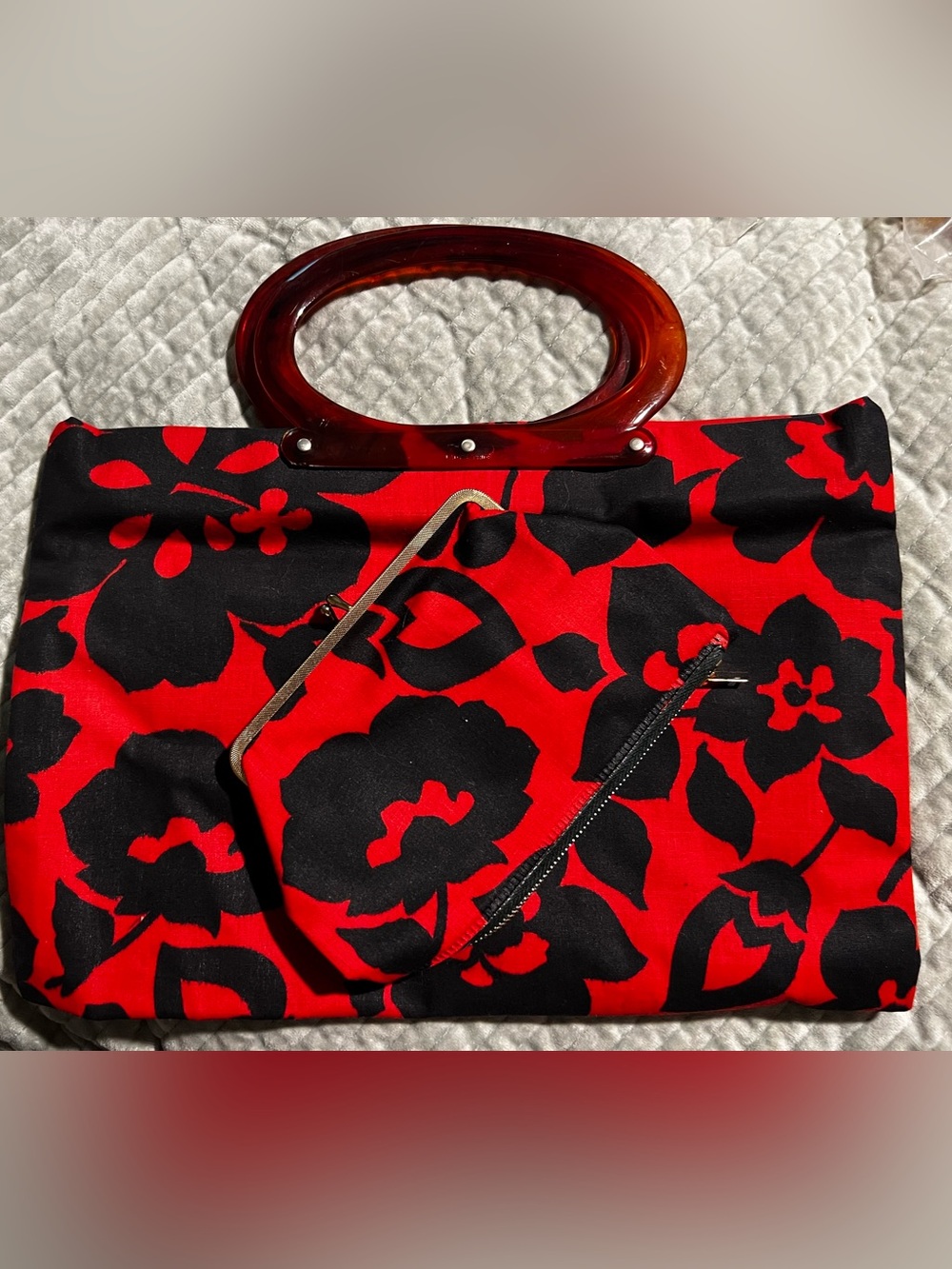 Red and Navy Floral purse Tote with Tortoiseshell Handles Lady’s Pride